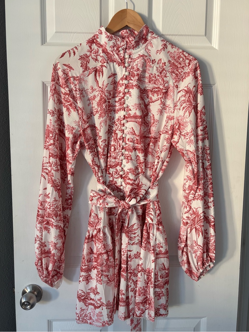 Pink Toile Print Tie-Waist Blouse Dress M